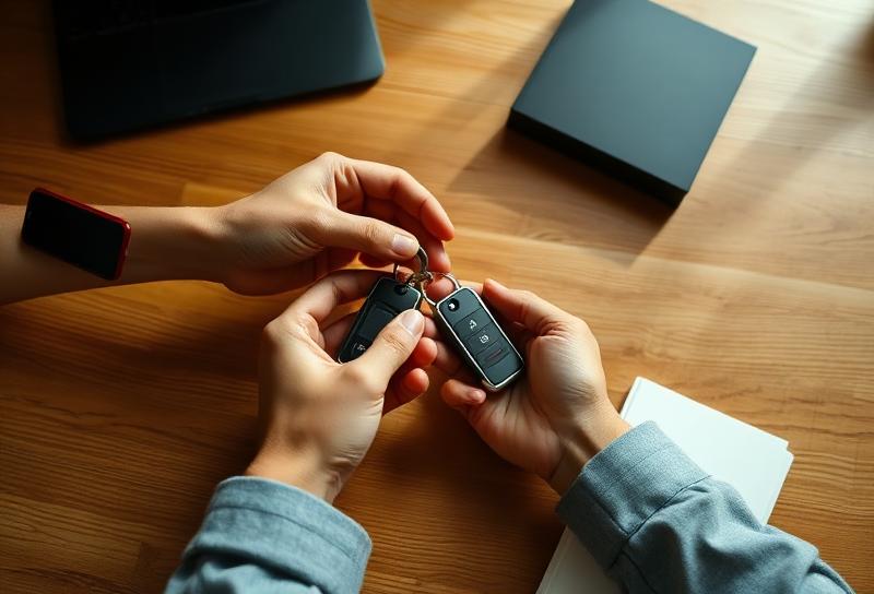 Two people exchanging car keys over a wooden desk